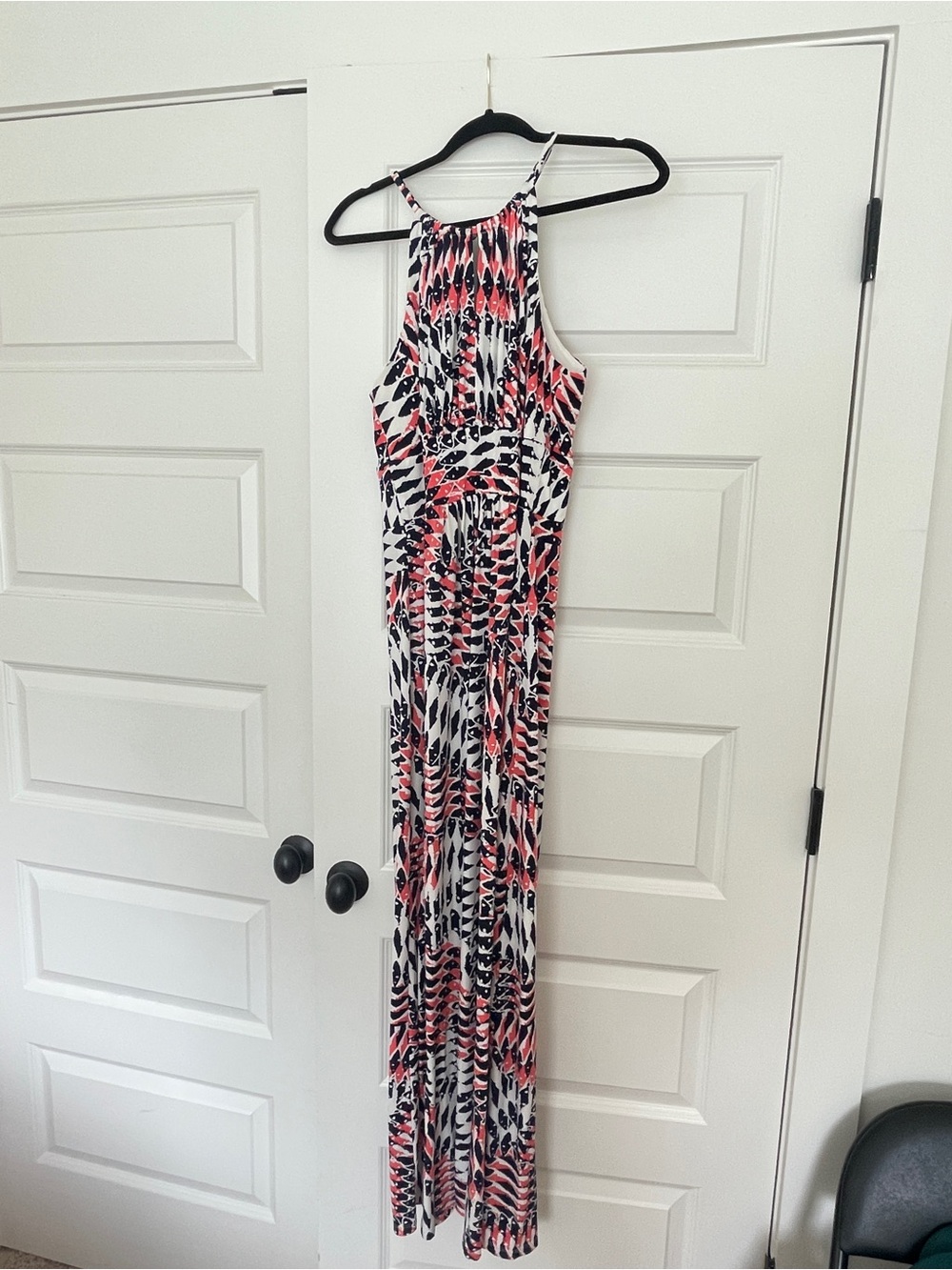 Maggy London Coral, Navy & White Patterned Maxi Dress